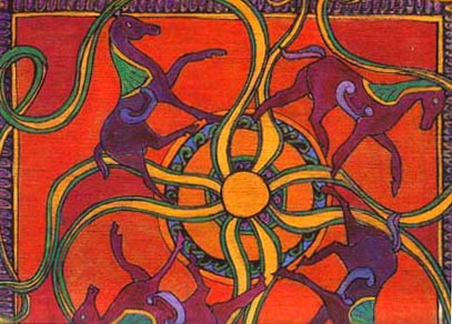 Celtic picture of 4 ponies around a central motif